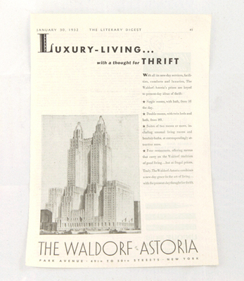 The Waldorf Astoria Ad: Luxury Living . . .with a thought for thrift