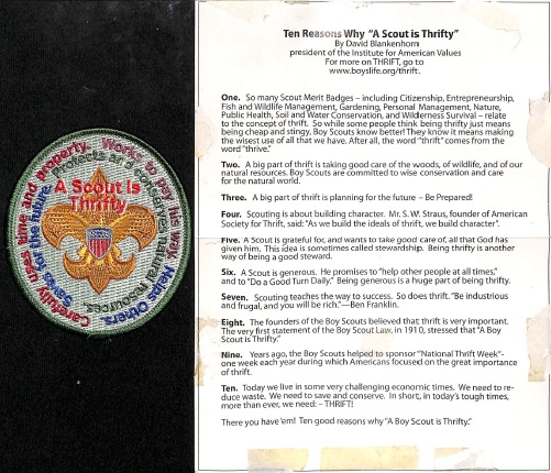 Ten Reasons Why A Scout is Thrifty Text and Badge 