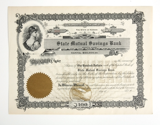 Kansas State Mutual Savings Bank Stock Certificate