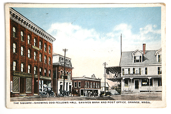 The Square--Showing Odd Fellows Hall, Savings Bank and Post Office, Orange, Mass.