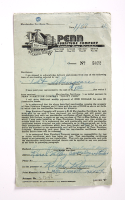 Penn Furniture Company Thrift Club Invoice