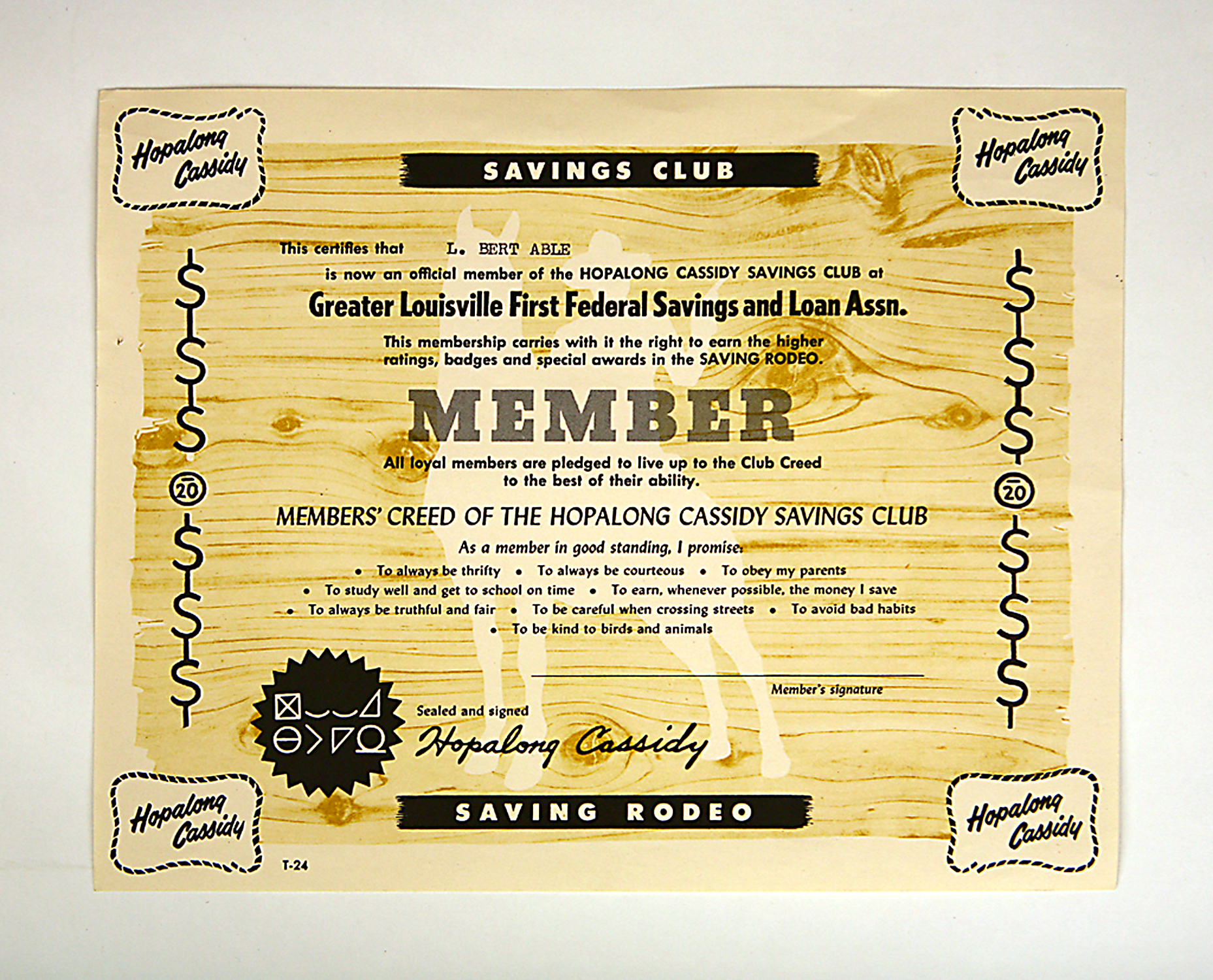 Hopalong Cassidy Savings Club Membership Certificate