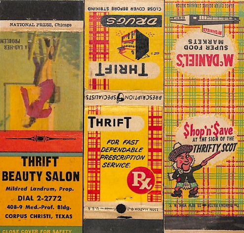 'Thrift' in Beauty Salon, Drug Store, and Supermarket Matchbook Ads