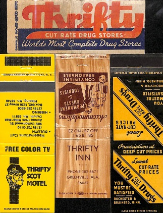 'Thrifty' in Drug Store, Motel and Inn Matchbook Ads